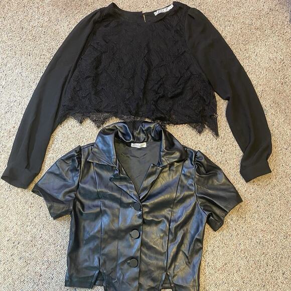 Chloe K S Black Sheer Lace & Haley&Jane XS Faux Leather Top Black Goth Grunge - Picture 1 of 6